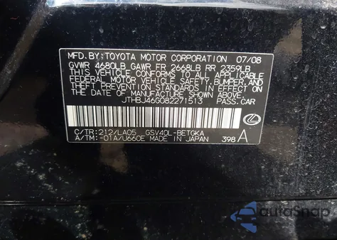 2008 Lexus Es 350 z USA, uszkodzony, nr VIN JTHBJ46G082271513